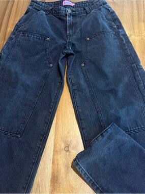 Edkited Ayla Low Rise Wide Leg Carpenter Jeans Size S Black Wash Double Knee